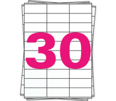 A4 stickervellen, 30 per vel, permanent, wit, 70mm x 29mm