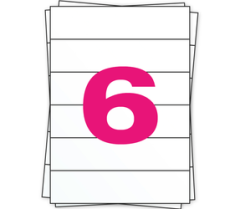  A4 stickervellen, 6 per vel, permanent, wit, 210mm x 49,4mm
