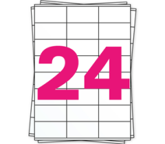 A4 stickervellen, 24 per vel, permanent, wit, 70mm x 36mm