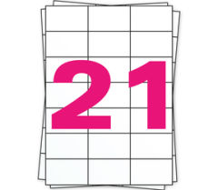 A4 stickervellen, 21 per vel, permanent, wit, 70mm x 42mm
